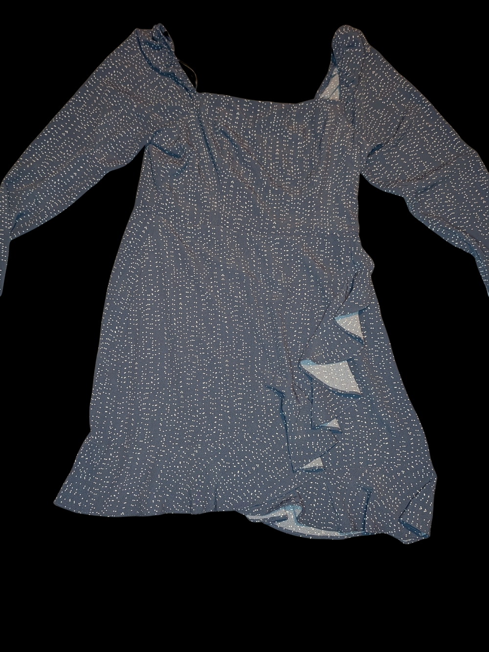 Square Neck Navy Dot Long-Sleeve Ruffle Mini Dress